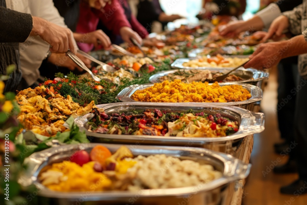 Obraz premium A Buffet Table with Various Dishes and People Serving Themselves