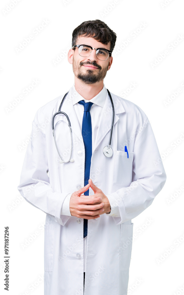 Young doctor man wearing hospital coat over isolated background Hands together and fingers crossed smiling relaxed and cheerful. Success and optimistic Young doctor man wearing hospital coat over isolated background Hands together and fingers crossed smiling relaxed and cheerful. Success and optimistic