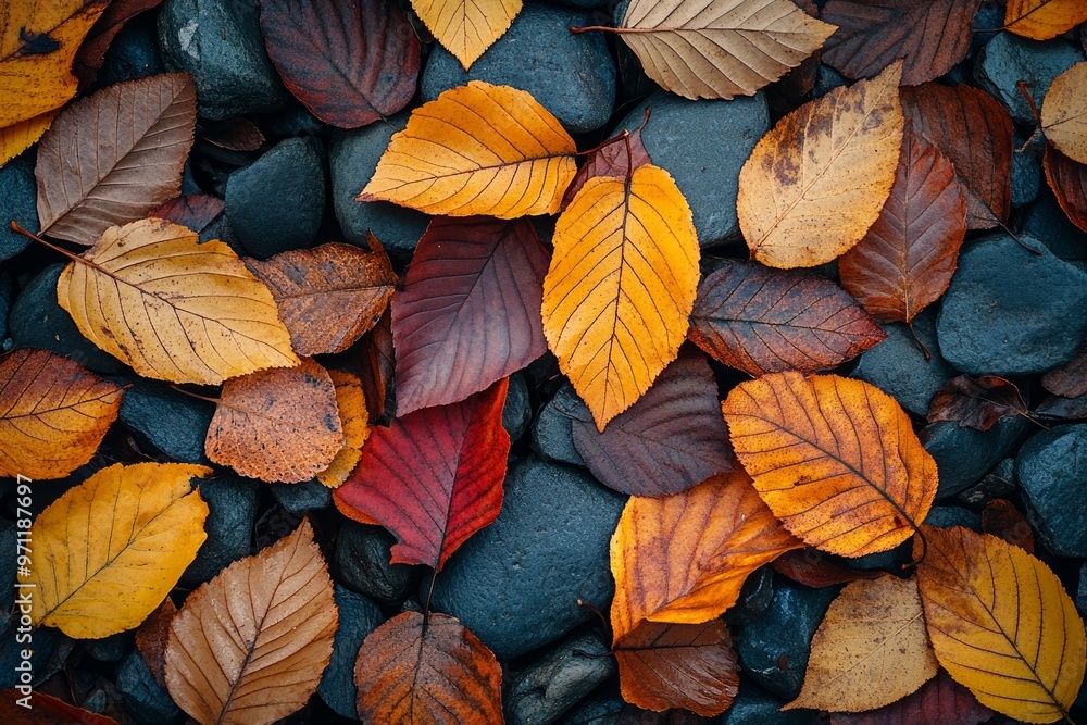 Close-up of colorful autumn leaves scattered on a bed of smooth, grey stones. Close-up of colorful autumn leaves scattered on a bed of smooth, grey stones.