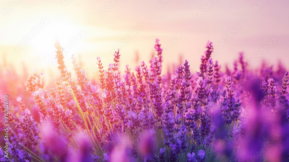 Naklejka premium A field of blooming lavender flowers under a clear sky, creating a sea of vibrant purple with soft sunlight