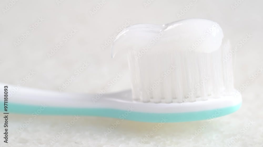 Toothbrush with toothpaste is placed on the bathroom sink. Toothbrush with toothpaste is placed on the bathroom sink.