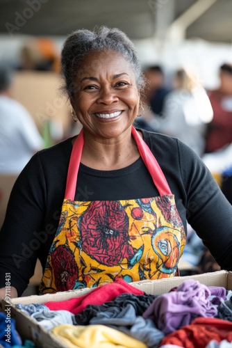A middle-aged Black female volunteer, with a warm smile, stands proudly next to a donation box brimming with clothes. She wears a colorful volunteer apron, and the backdrop shows a bustling charity