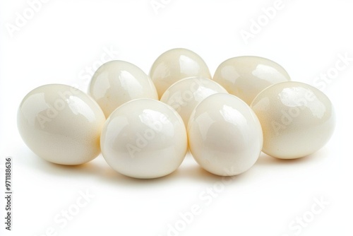 Fresh duck eggs with smooth shells, isolated on white, no shadows, photo