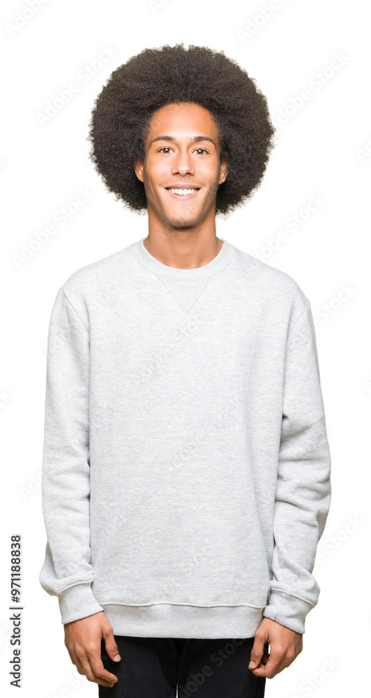 Young african american man with afro hair wearing sporty sweatshirt with a happy and cool smile on face. Lucky person. Young african american man with afro hair wearing sporty sweatshirt with a happy and cool smile on face. Lucky person.
