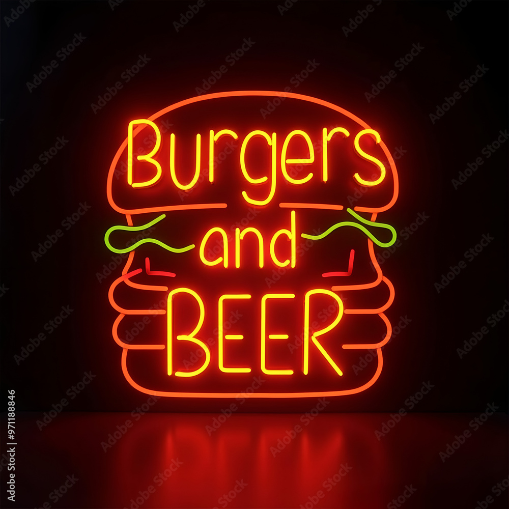 Neón 3d con forma de hamburguesa con el texto luminoso hamburguesas y cerveza Neón 3d con forma de hamburguesa con el texto luminoso hamburguesas y cerveza