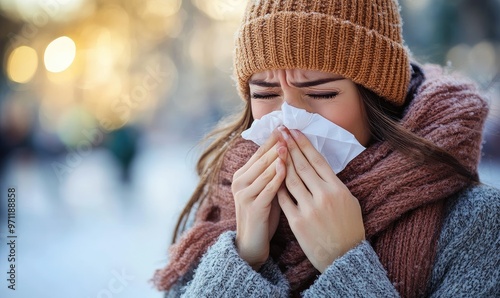 A woman in winter attire sneezes into a tissue, showing signs of a cold in a snowy environment.