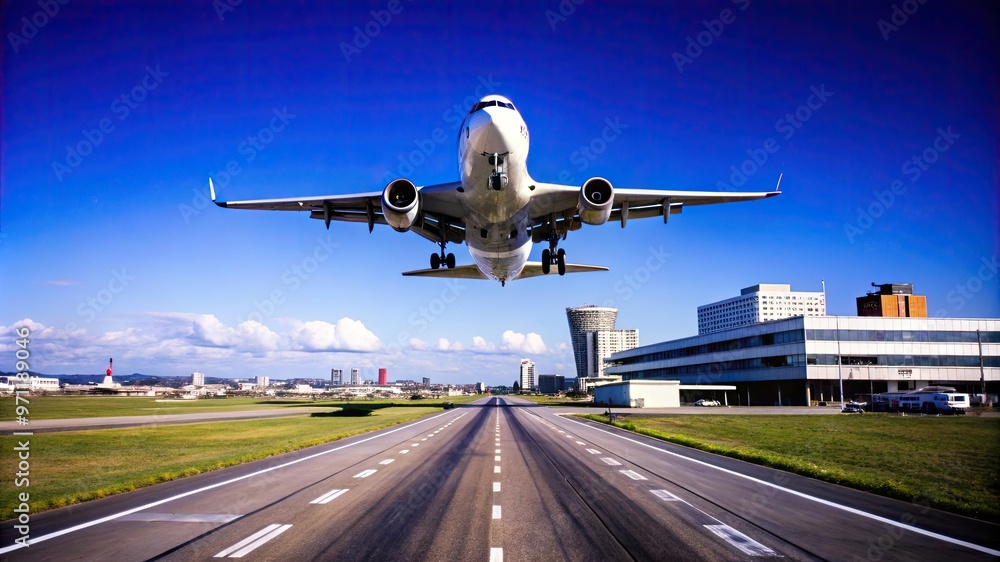 A wide-angle view of a commercial jet ascending into a clear blue sky, with the runway and airport buildings receding in the distance. A wide-angle view of a commercial jet ascending into a clear blue sky, with the runway and airport buildings receding in the distance.