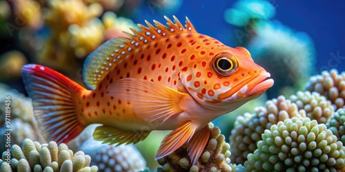 Vibrant orange hawkfish with white spots and stripes swims near coral reef, its large eyes scanning for prey in the clear blue tropical ocean waters.