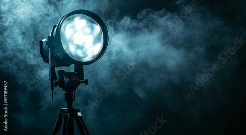 Vintage Spotlight with Smoke on Black Background, Old Movie Theater Light on Tripod. AI generated illustration