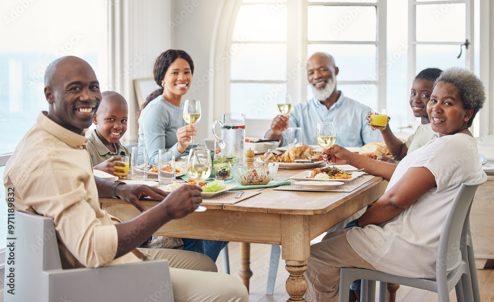 Cheers, portrait and food with black family in home for Thanksgiving celebration, festive holiday and brunch. Support, love and party with people and lunch for nutrition, grateful and tradition Cheers, portrait and food with black family in home for Thanksgiving celebration, festive holiday and brunch. Support, love and party with people and lunch for nutrition, grateful and tradition