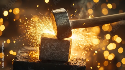 Blacksmith Hammering Iron with Sparks Flying in a Dramatic Action Scene. AI generated illustration