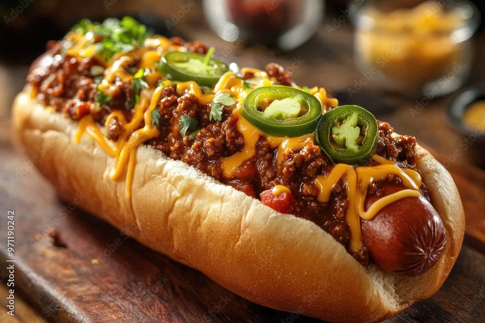 Loaded hot dog with chili, cheese, and jalapenos on a fresh bun Loaded hot dog with chili, cheese, and jalapenos on a fresh bun