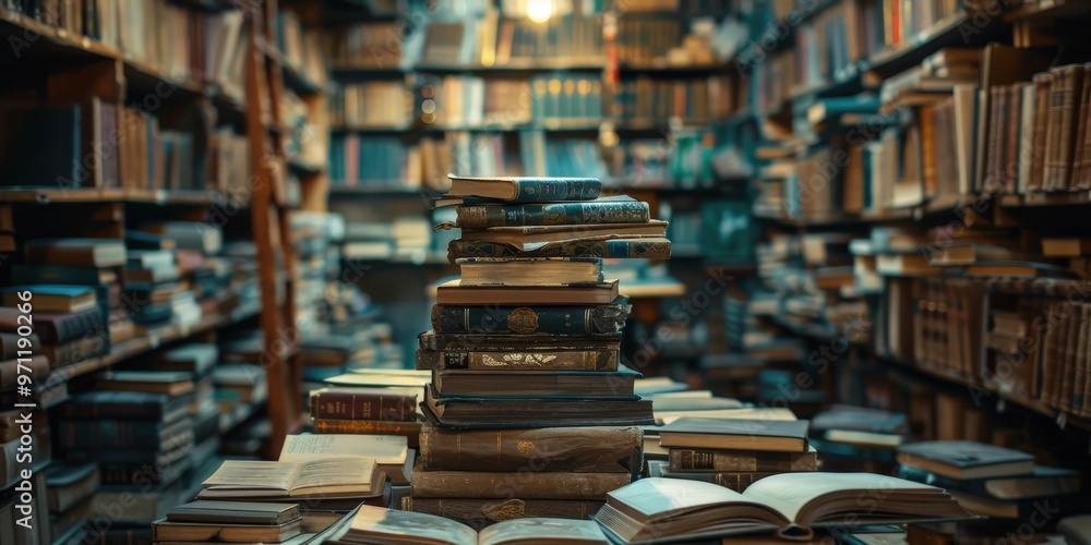 Fototapeta premium Stacks of vintage books create a charming ambiance in a cozy library corner during the late afternoon light. Generative AI