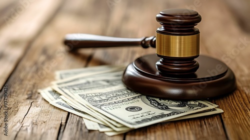 A gavel placed on a stack of dollar bills, representing legal fees, financial settlements, or the cost of justice in law. photo