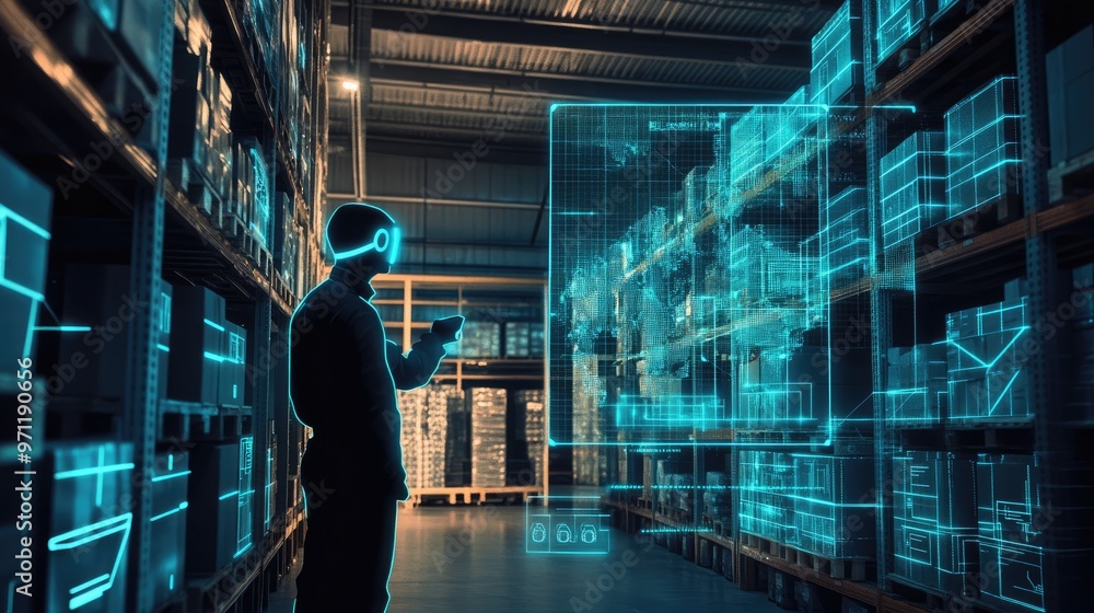 A warehouse worker wearing VR goggles interacts with a holographic display showing a virtual inventory map. A warehouse worker wearing VR goggles interacts with a holographic display showing a virtual inventory map.