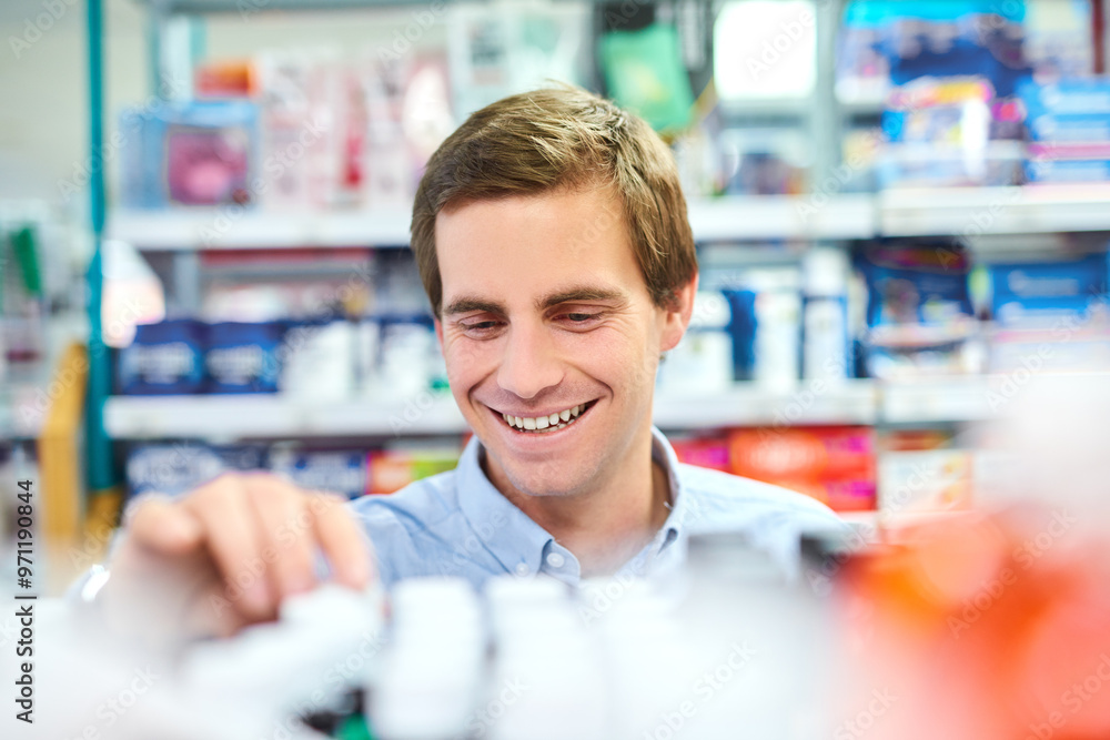 Pharmacy, medicine and customer with man in store for pills, medical and shopping. Supplements, insurance and antibiotic prescription with person in clinic for wellness, drugstore and healthcare Pharmacy, medicine and customer with man in store for pills, medical and shopping. Supplements, insurance and antibiotic prescription with person in clinic for wellness, drugstore and healthcare