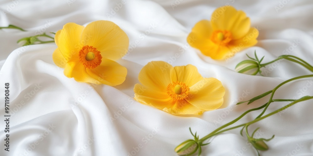 A serene arrangement of yellow flowers on white fabric, conveying beauty and tranquility. A serene arrangement of yellow flowers on white fabric, conveying beauty and tranquility.