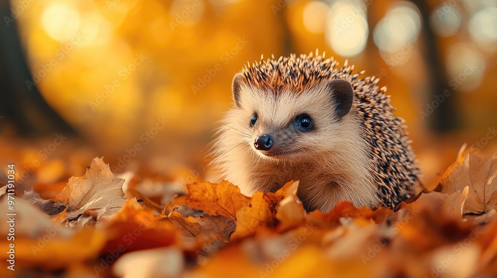 Cute hedgehog standing on the ground covered with autumn leaves Cute hedgehog standing on the ground covered with autumn leaves