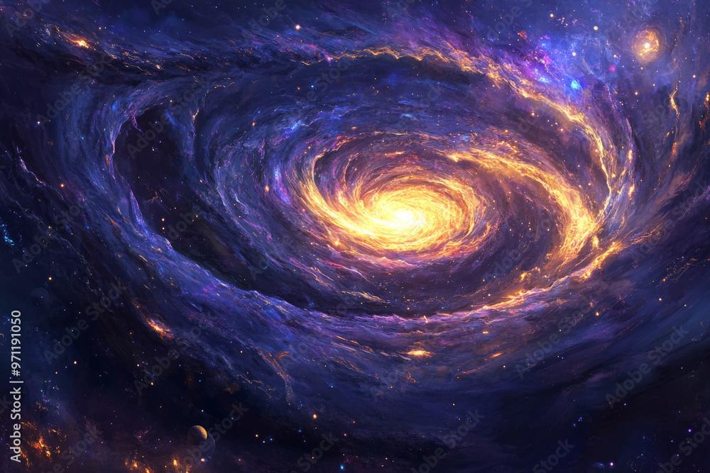 A vibrant, swirling galaxy surrounded by stars and nebulae, with a powerful galactic core at its center, distant planets orbiting in a glowing, energy-filled space. A vibrant, swirling galaxy surrounded by stars and nebulae, with a powerful galactic core at its center, distant planets orbiting in a glowing, energy-filled space.