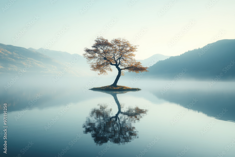 A solitary tree with autumn leaves stands on a small island, its reflection mirrored in a calm lake surrounded by misty mountains and a serene atmosphere. A solitary tree with autumn leaves stands on a small island, its reflection mirrored in a calm lake surrounded by misty mountains and a serene atmosphere.