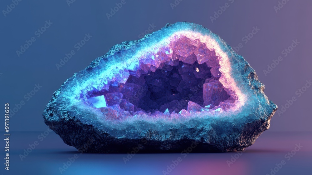 Sliced geode, detailed crystal layers with glowing neon edges, 3D render, sharp textures, soft lighting, deep blues and silvers. Sliced geode, detailed crystal layers with glowing neon edges, 3D render, sharp textures, soft lighting, deep blues and silvers.