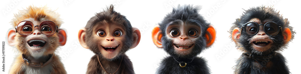 realistic 3d character set close up monkey animal with smiling expression, isolated on transparent background, ai generated