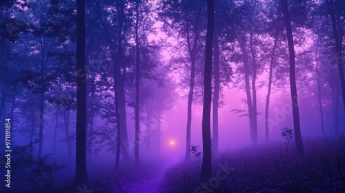 A mystical forest scene at dusk, with purple fog rolling through the trees and soft, glowing lights in the distance