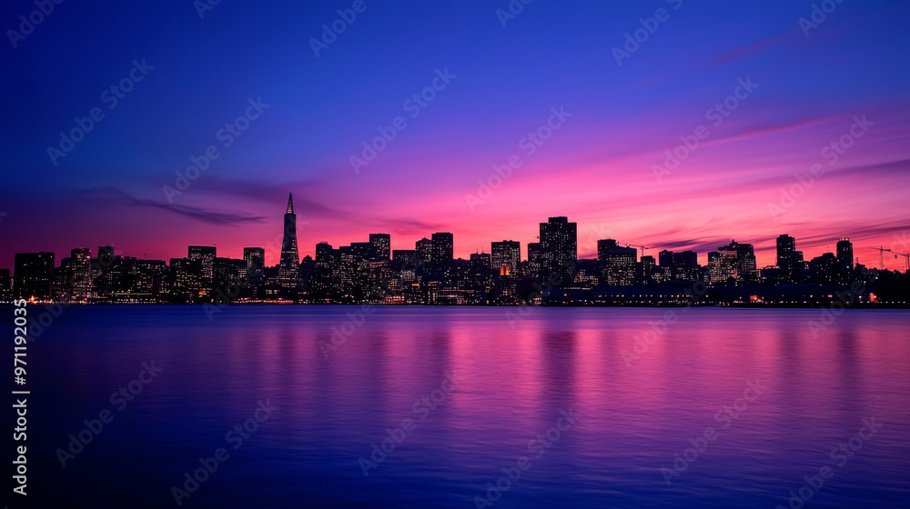 A city skyline is reflected in the water at sunset A city skyline is reflected in the water at sunset