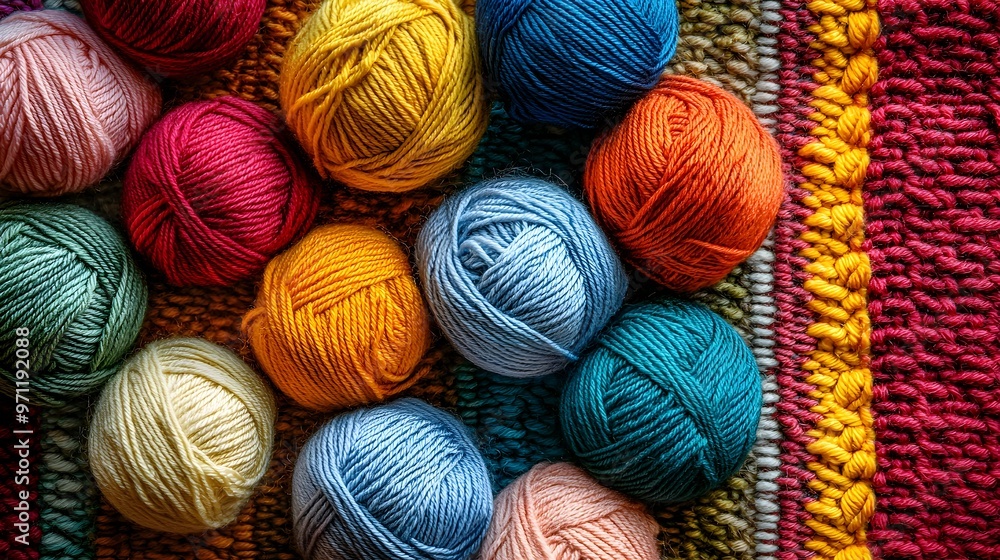 Colorful Yarn Balls Arranged on Knitted Fabric Background for Editorial Photography Colorful Yarn Balls Arranged on Knitted Fabric Background for Editorial Photography