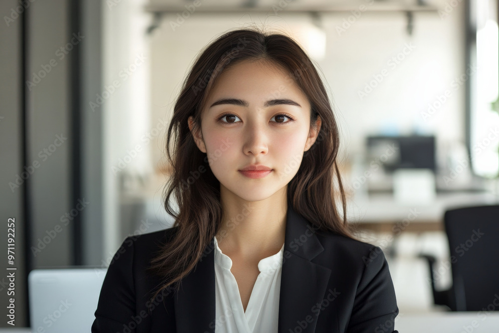 A young Japanese businesswoman, looking confident and approachable, poses in a modern office setting. The backdrop features minimalist design elements, a clean desk, and advanced office technology. A young Japanese businesswoman, looking confident and approachable, poses in a modern office setting. The backdrop features minimalist design elements, a clean desk, and advanced office technology.