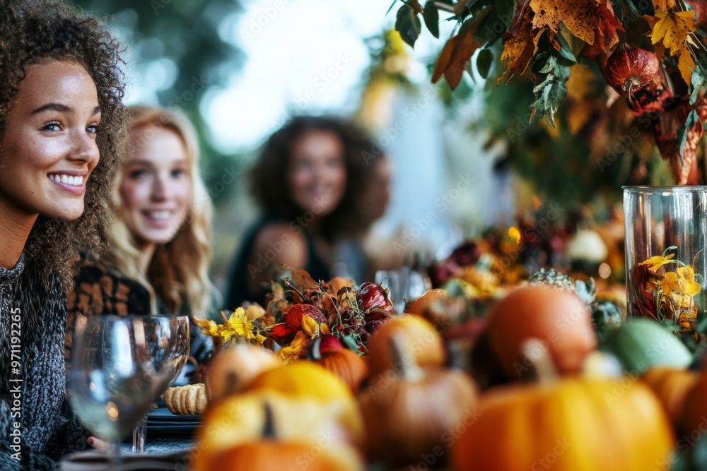 A Group of Women Smiling at a Table Decorated with Pumpkins and Fall Foliage A Group of Women Smiling at a Table Decorated with Pumpkins and Fall Foliage