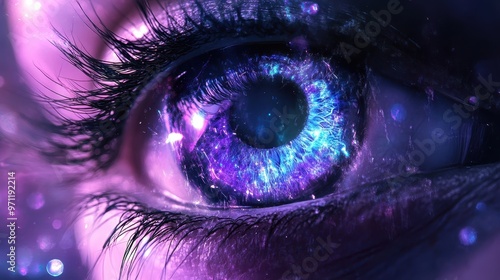 Organic human eye sliced to show both biological and holographic layers, digital painting, glowing in dark purples and blues.