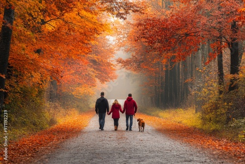 Couple Walking with Dog Through Misty Autumn Forest Path