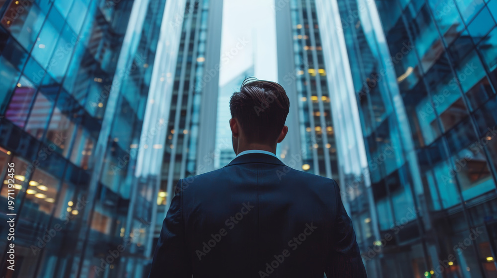 A man in a suit stands in front of a tall building, looking up at the sky A man in a suit stands in front of a tall building, looking up at the sky