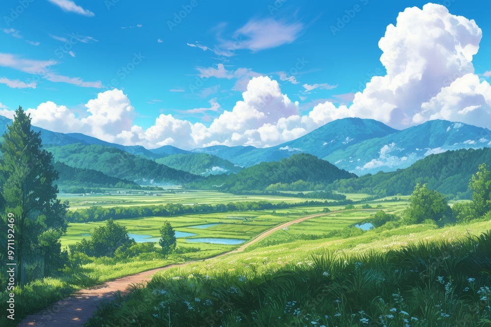 Naklejka premium Serene Pastoral Landscape with Rolling Hills and Blue Sky