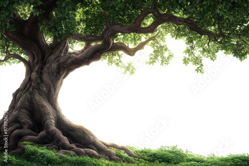 Majestic ancient tree with sprawling branches and thick roots set against a bright, clear sky, epitomizing natural beauty and timeless strength.