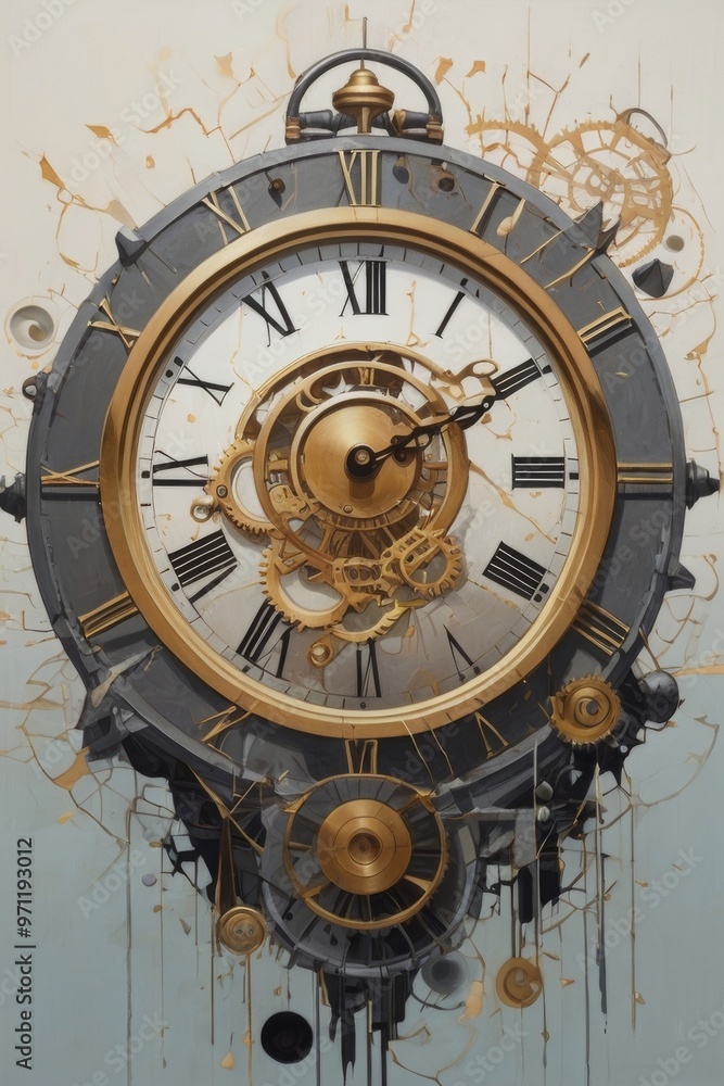 Obraz premium Fragments of Time: A Surreal Exploration of a Shattered Clock