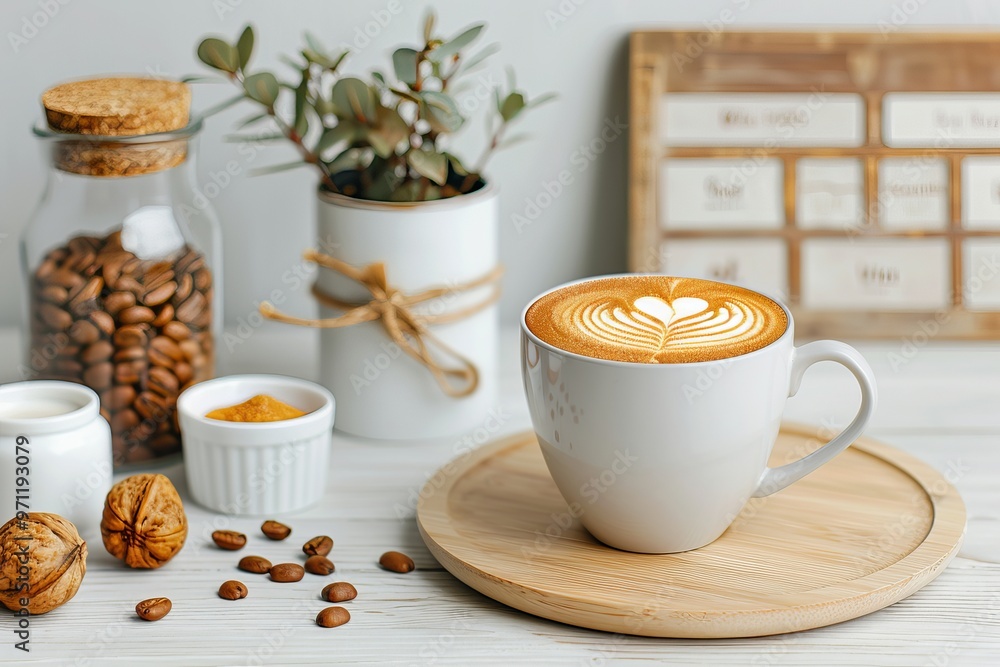 Cozy cafe scene with a cup of latte, nuts, coffee beans, spices, and plants on a wooden table against a neutral background. Cozy cafe scene with a cup of latte, nuts, coffee beans, spices, and plants on a wooden table against a neutral background.