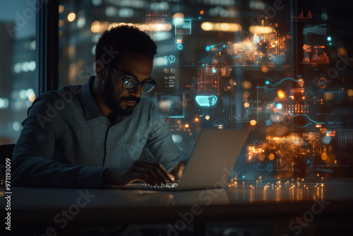 Late evening in a modern office, a businessman engrossed in his laptop, surrounded by glowing AI icons, data graphs, and digital technology interfaces, all representing the global data network.