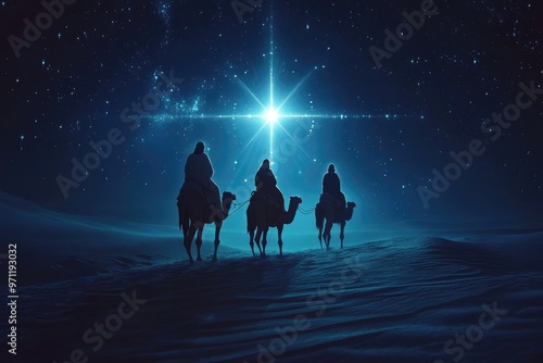 Three wise men following the star of bethlehem on camels at night photo