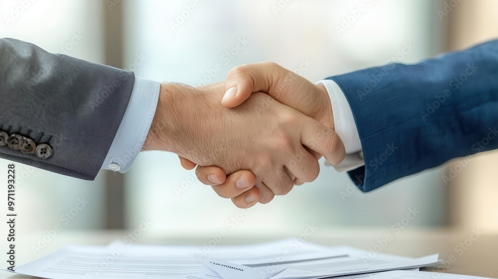 Two businesspeople in a handshake, with contract documents spread on the table, partnership, mutual agreement Two businesspeople in a handshake, with contract documents spread on the table, partnership, mutual agreement