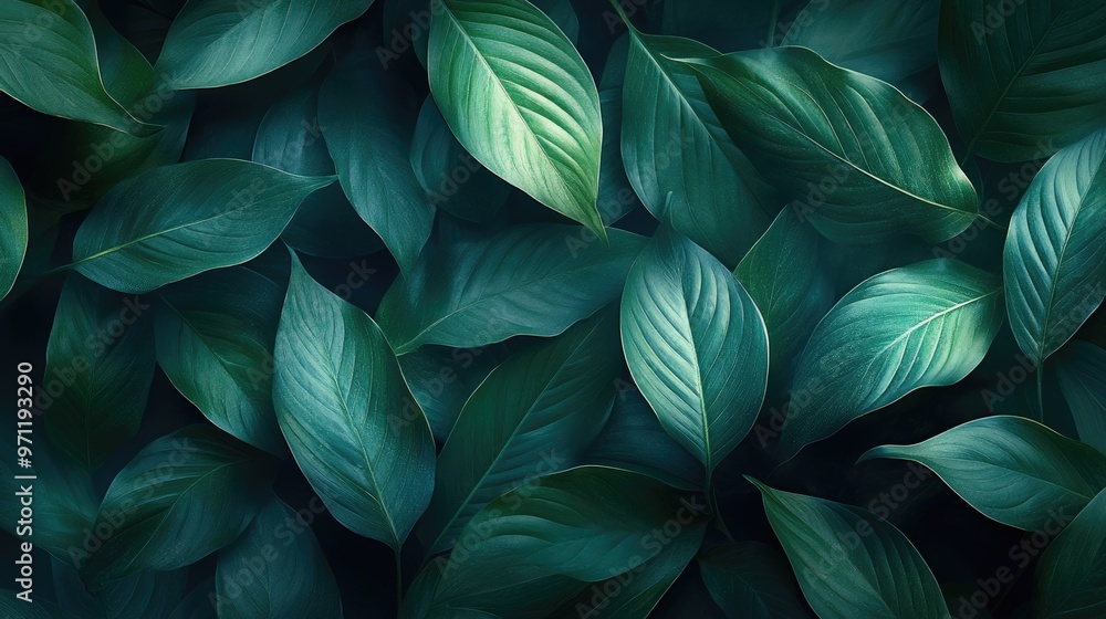 Tropical green leaves pattern forming natural background with copy space Tropical green leaves pattern forming natural background with copy space