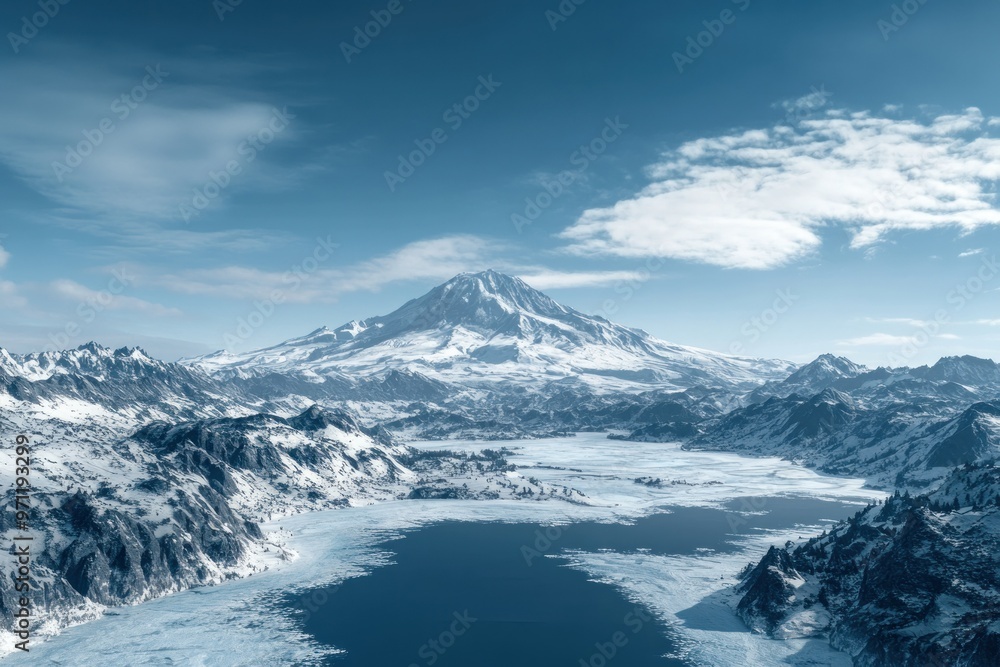 Snow-capped Mountain Peak Reflecting in Frozen Lake