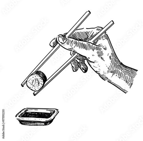 hand person hold sushi maki with chopsticks dipping in soy sauce delicious food asian japanees restaurant dish draw linear illustration isolated on white background