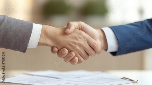 Two businesspeople in a handshake, with contract documents spread on the table, partnership, mutual agreement