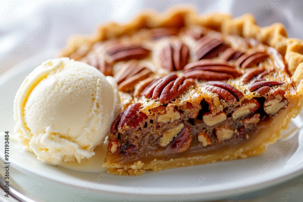 Pecan Pie Slice with Vanilla Ice Cream on a White Plate Pecan Pie Slice with Vanilla Ice Cream on a White Plate