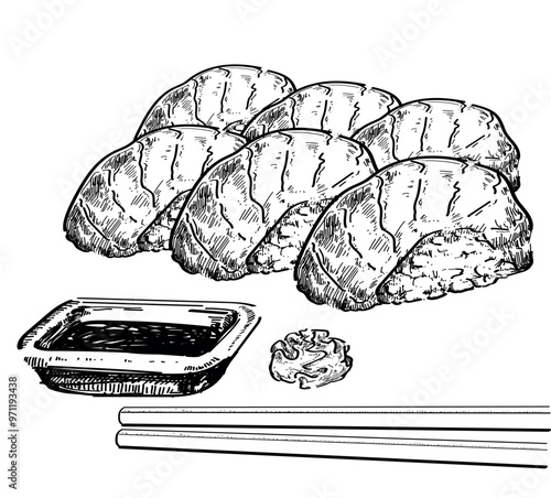 sushi nigiri delicious with wasabi ginger and soy souce  food asian japanees restaurant dish draw linear illustration isolated on white background