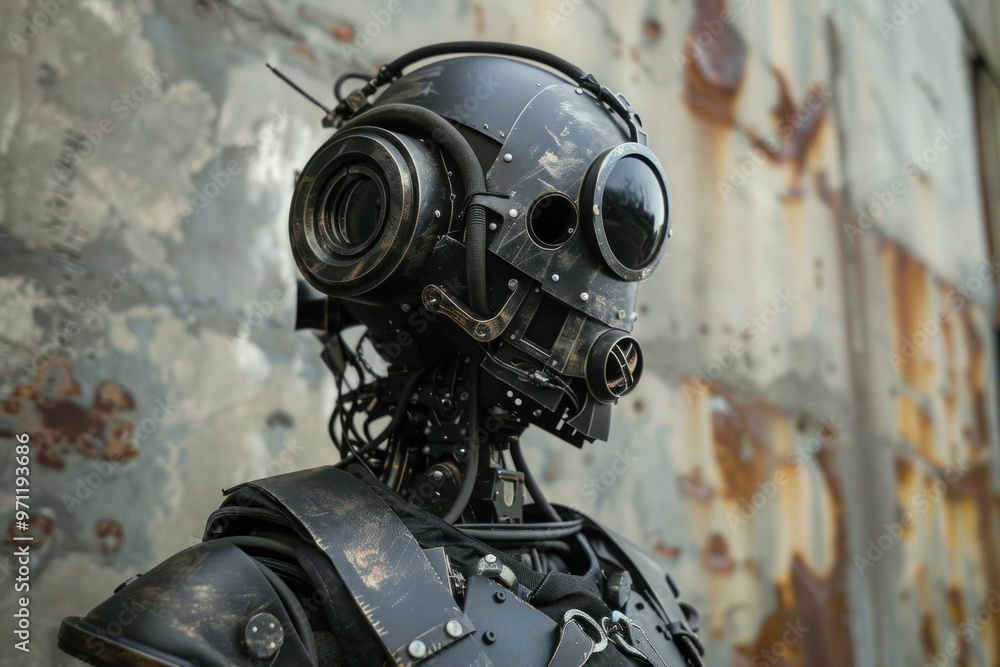 Fototapeta premium Steampunk robot is posing in front of a grunge background