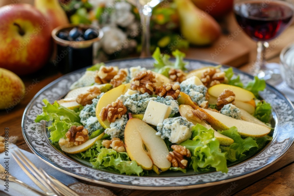 Pear, Blue Cheese, Walnut Salad on a Decorative Plate Pear, Blue Cheese, Walnut Salad on a Decorative Plate
