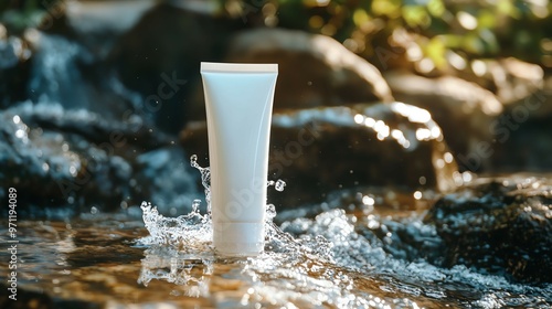 Facial foam cleanser tube standing upright on natural slate, gentle stream of water cascading, professional photography effect, branding mockupready photo